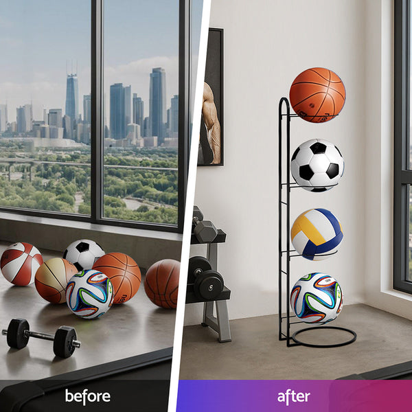 Everfit Ball Storage Rack Sports Equipment Organizer 4 Tier Holder For Garage Gym Black Ball Racks