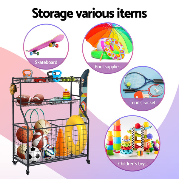 Everfit Sports Equipment Organizer Storage With Wheels Multi Garage Gym Black Storage Bins & Baskets