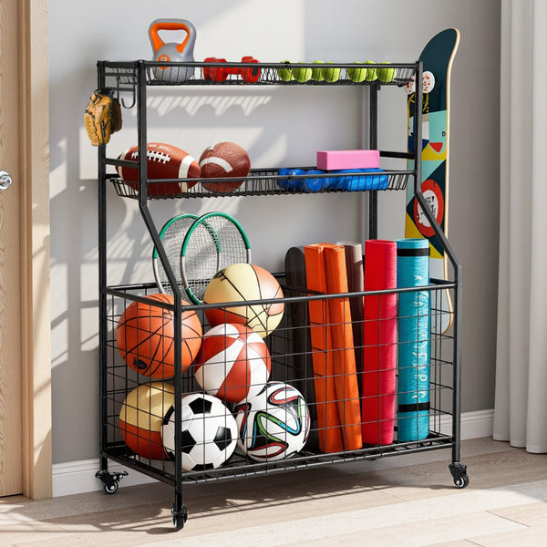 Everfit Sports Equipment Organizer Storage With Wheels Multi Garage Gym Black Storage Bins & Baskets