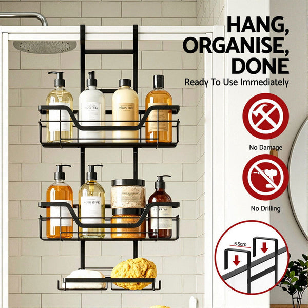 Artiss 2X 3 Tier Over The Door Shower Caddy Black Bathroom Storage Organizer Bath Caddies & Trays