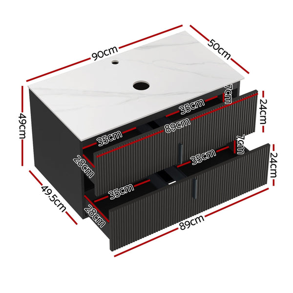 Cefito Vanity Unit 900Mm Bathroom Cabinet Storage Wall Hung Black Timber Front Bathroom Sinks