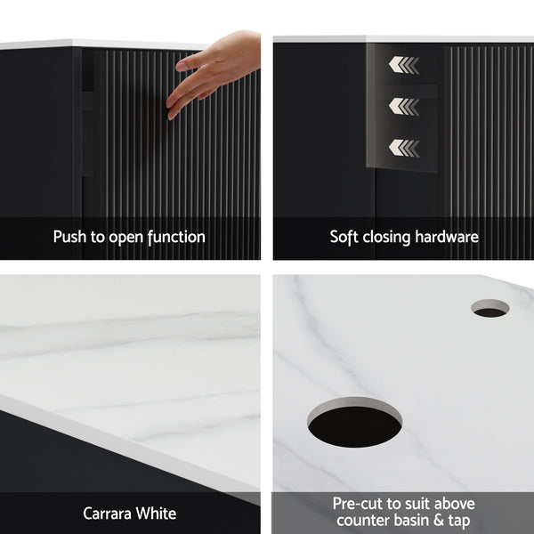 Cefito Vanity Unit 900Mm Bathroom Cabinet Storage Wall Hung Grooved Timber Black Bathroom Sinks