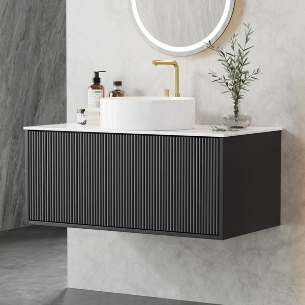 Cefito Vanity Unit 900Mm Bathroom Cabinet Storage Wall Hung Grooved Timber Black Bathroom Sinks