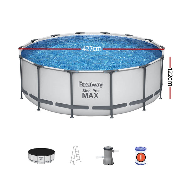 Bestway Swimming Pool 427X427x122cm Steel Frame Round Filter Pump Ladder Above Ground Pools
