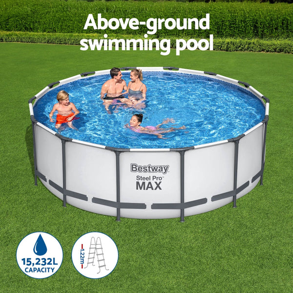 Bestway Swimming Pool 427X427x122cm Steel Frame Round Filter Pump Ladder Above Ground Pools