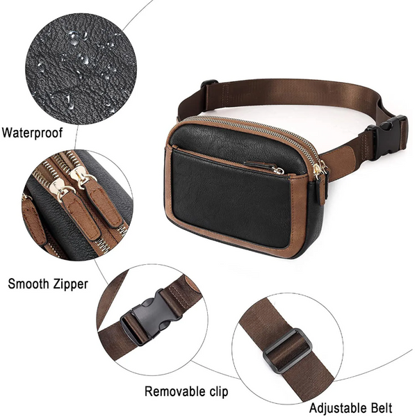 Elosung Black And Brown Colour Matching Waterproof Pu Leather Waist Bag Stylish Crossbody Belt For Men & Women Waist Packs & Bags