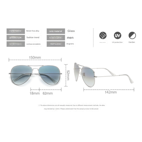 Elosung Black Frame Gradient Blue Glass Lens Classic Aviator Uv400 Protection With Metal Sunglasses