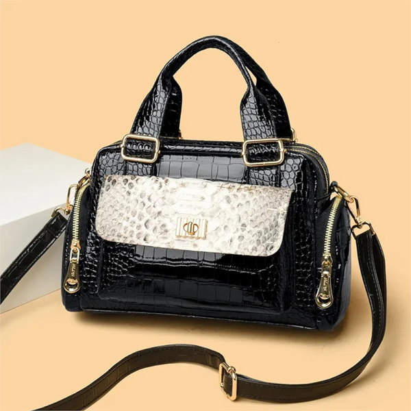 Black Luxurious Patterned Handbag | Structured Top Handle Shoulder Bag Fashion Trend High Gloss Tote Women's Bags & Handbags