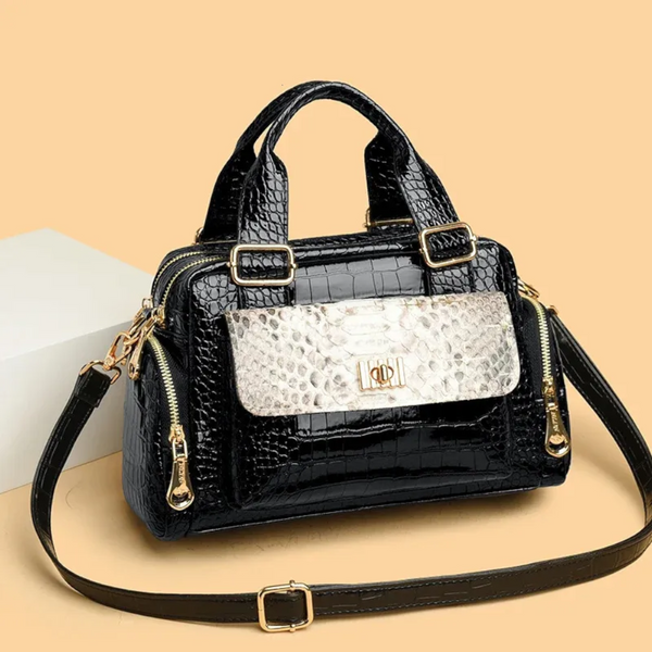 Black Luxurious Patterned Handbag | Structured Top Handle Shoulder Bag Fashion Trend High Gloss Tote Women's Bags & Handbags
