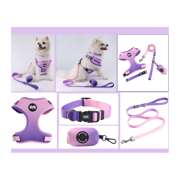 M Purple Pink Adjustable Soft Pet Harness With Leash & Poop Bag Dispenser Small Animal Supplies