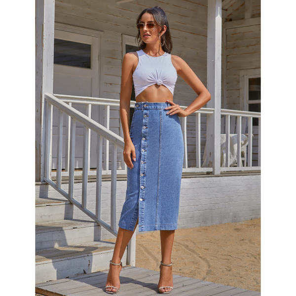 Button Irregular Slit Denim High Waist Skirt A Line Long For Women Skirts