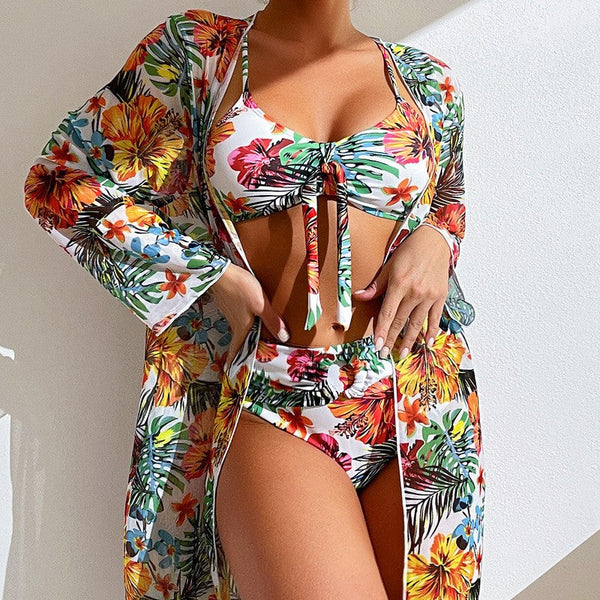 Long Top Split Three Piece Printed  Swimsuit Women's Bikini Swimwear