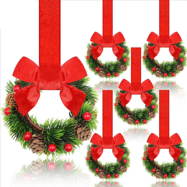 Farmhouse Mini Christmas Cabinet Wreaths Set Of 6 With Ribbon Tie Ons Seasonal Decorations