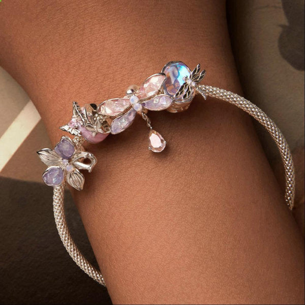 Veile Studios Silver Charm Pink Butterfly Diy Silicone Positioning Bracelet With Beads Bracelets