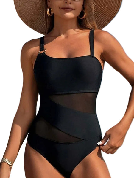 One Piece Bikini  Solid Color Splicing Swimsuit Women's Netted Swimwear