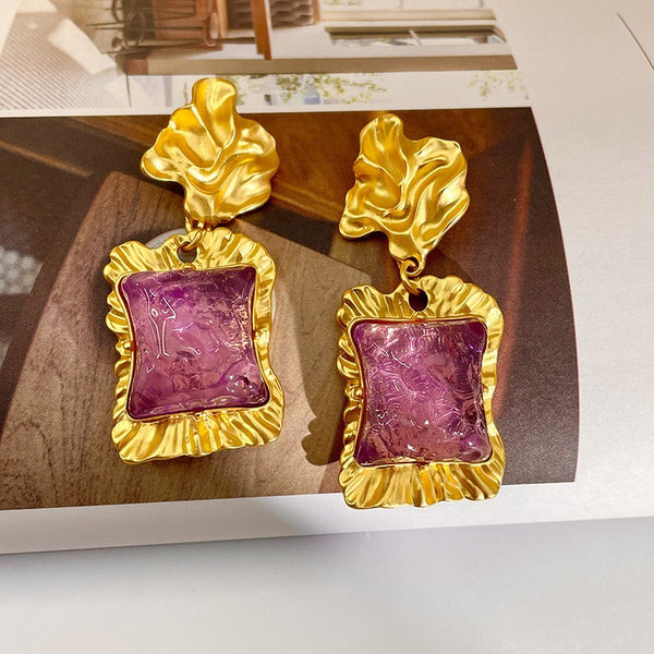 Veile Studios Lava Irregular Purple Square Glazed Crystal Retro Style Earrings