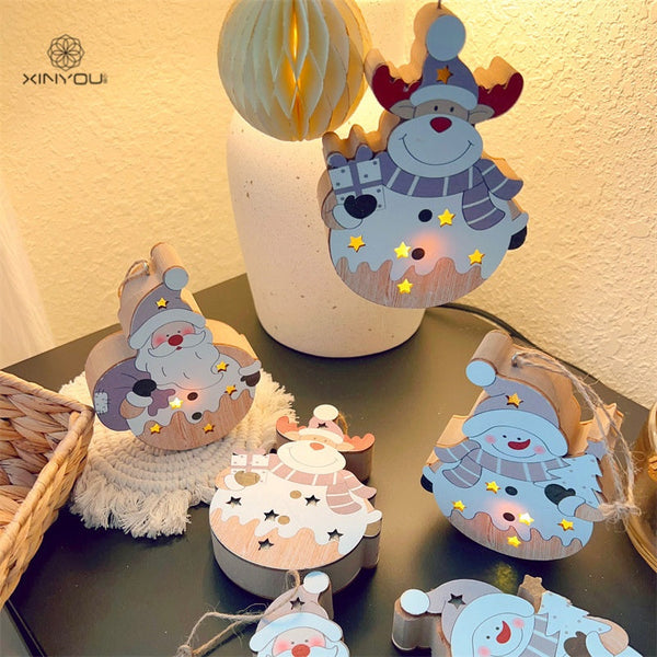 Christmas Nordic Style Decorations Window Display Santa Claus Snowman Glowing Wooden Hanging Ornament 2 Of Them Seasonal Decorations