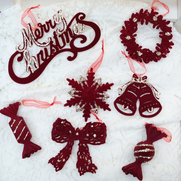 Christmas Red Velvet Door Hanger Decoration Flocked Tree Sprinkle Wreath Ornament Seasonal Decorations