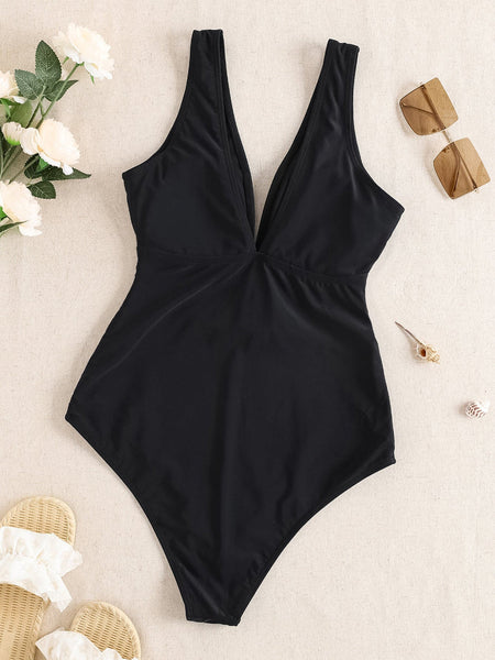 Solid Color Deep V Neck Slimming  One Piece Swimsuit For Women Swimwear