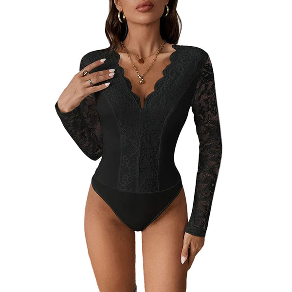 Solid Color Long Sleeve V Neck Lace Jumpsuit Jumpsuits Rompers & Playsuits