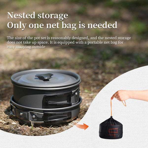 1 3 Person Set: Light Portable Pot & Pan In Carrying Bag Ideal For Outdoor Trips Camping Cookware