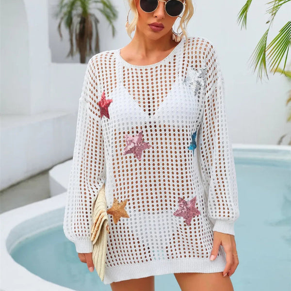 Sequin Star Round Neck Long Sleeve Cover Up Swimwear