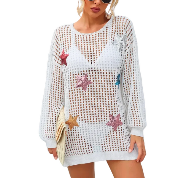 Sequin Star Round Neck Long Sleeve Cover Up Swimwear