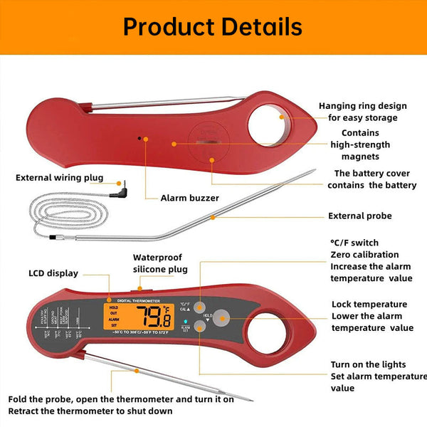 Foldable Ip7 Digital Thermometer With Dual Probes: For Cooking Bbq Meat Grilling Food Kitchen Tools. Cooking Thermometers