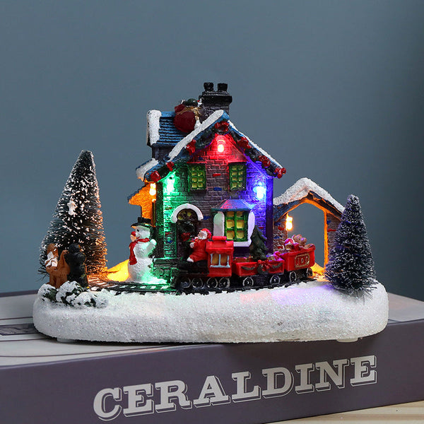 Christmas Lighted House Decorative Resin Gift Ornament With European Snow Scene And Led Lights Seasonal Decorations