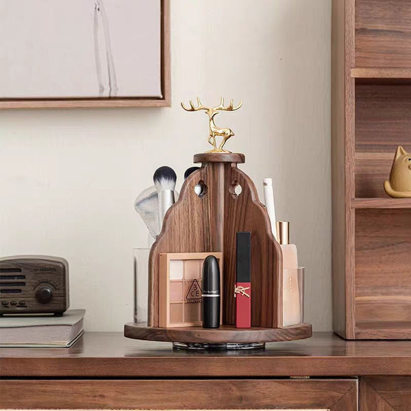 Walnut Storage Box Retro Elegant Rotating Cosmetic Skincare Vanity Desktop Organizer Shelf Makeup Bags & Cases
