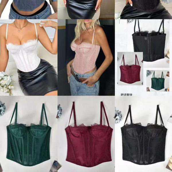 Cross Border Spicy Girl Gathered  Fitted Bra Lace Eyelash Fringe Vest Tube Top Camisole Shapewear