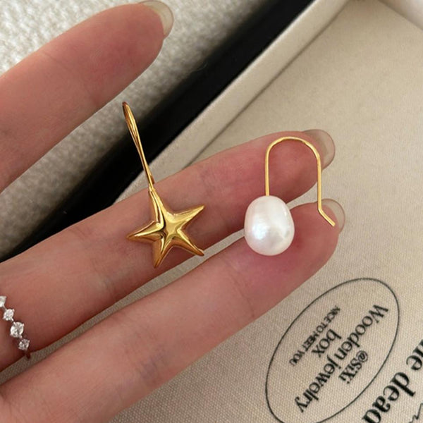 Veile Studios Retro Literary Natural Pearl Asymmetric Star Design Silver Needle Earrings