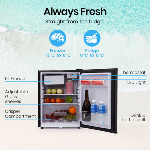 Gecko 70L Bar Fridge And Freezer 12V/24V/240V For Camping Caravans Black Portable Fridges