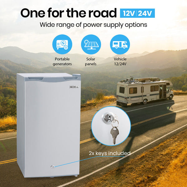 Gecko 95L Upright Fridge And Freezer 12V/24V/240V For Camping Caravans Silver Portable Fridges