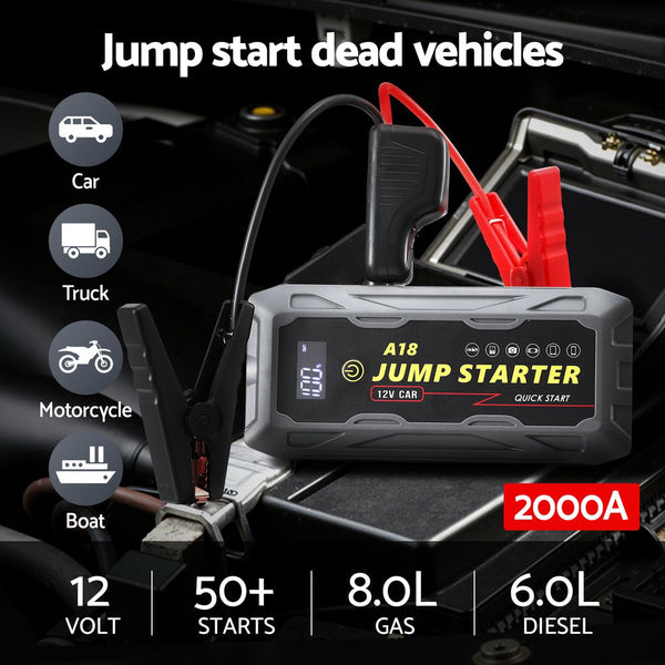 Giantz 2000A Portable Car Jump Starter 12V Lithium Battery Booster Pack Power Bank & Jumper Cables Jump Starters