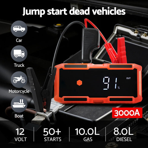 Giantz 3000A Portable Car Jump Starter 12V Lithium Battery Booster Pack Power Bank & Jumper Cables Jump Starters
