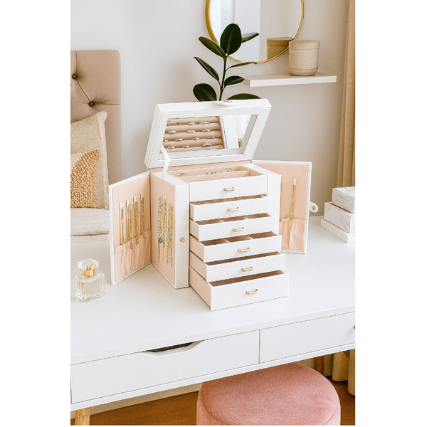 Carla Home 6 Layer Large Jewelry Box For Women Withdrawers Mirror Lock Necklace Hooks & Side Compartments Rings Earrings Bracelets Gifts (White) Jewel