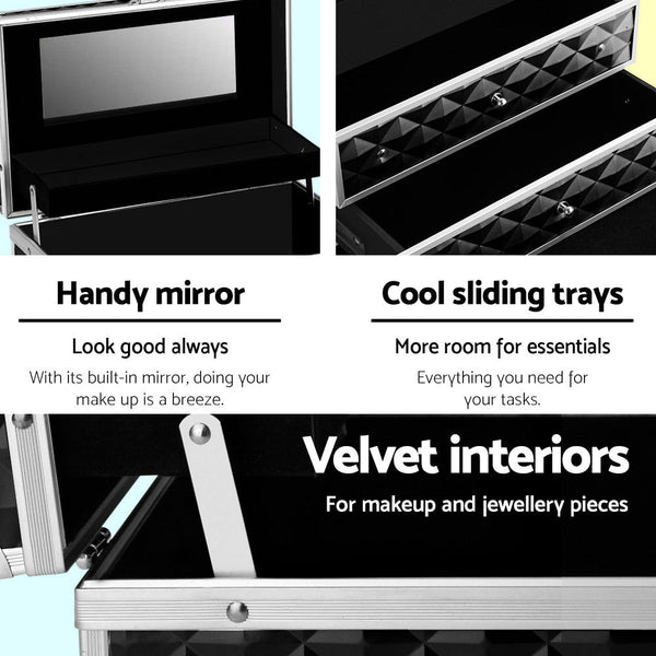 Embellir Portable Cosmetic Beauty Makeup Carry Case With Mirror Diamond Black Makeup Bags & Cases