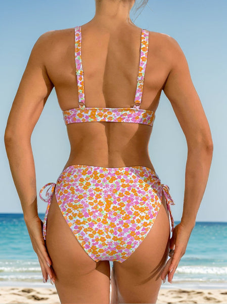 Small Floral Print Deep V  Two Piece Swimsuit Women Swimwear