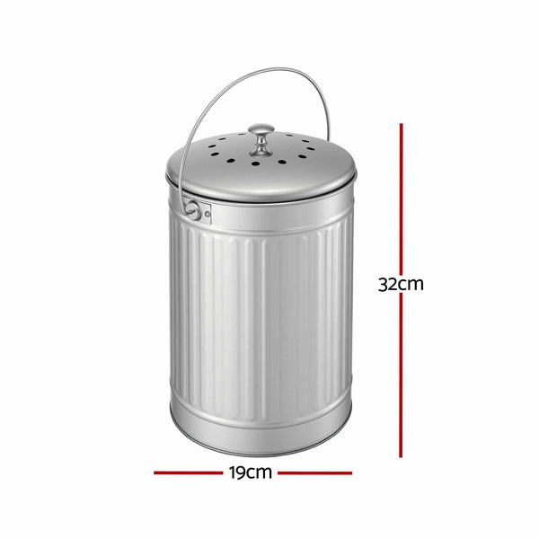 Gardeon 6L Stainless Steel Kitchen Compost Bin With Ventilated Lid Garden Compost Bins