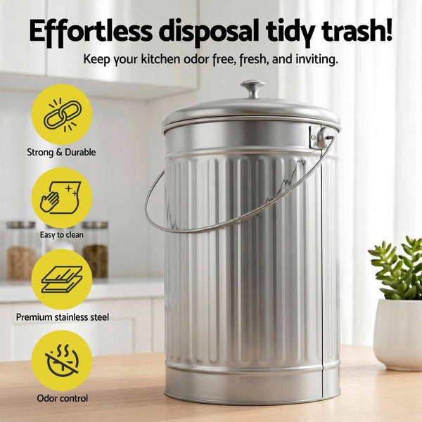 Gardeon 6L Stainless Steel Kitchen Compost Bin With Ventilated Lid Garden Compost Bins