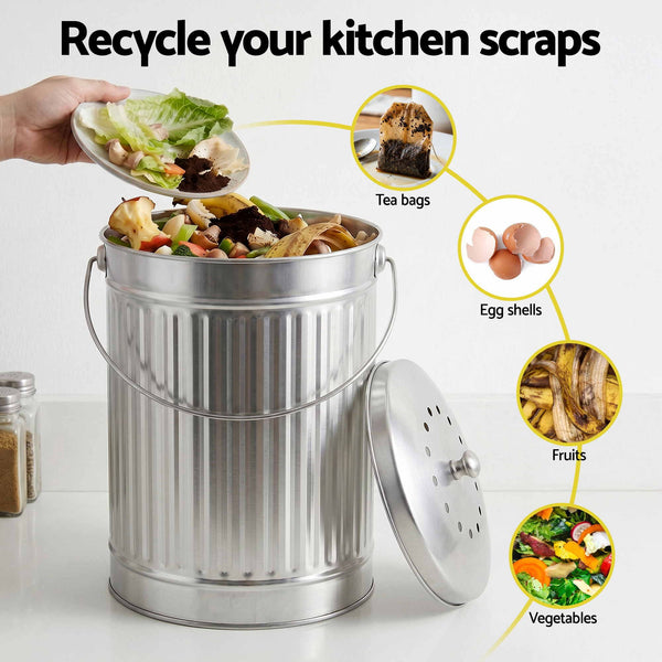 Gardeon 6L Stainless Steel Kitchen Compost Bin With Ventilated Lid Garden Compost Bins
