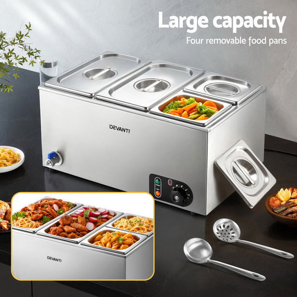 Devanti Commercial Food Warmer Bain Marie 4 Electric Buffet Pans Countertop Food Warmers