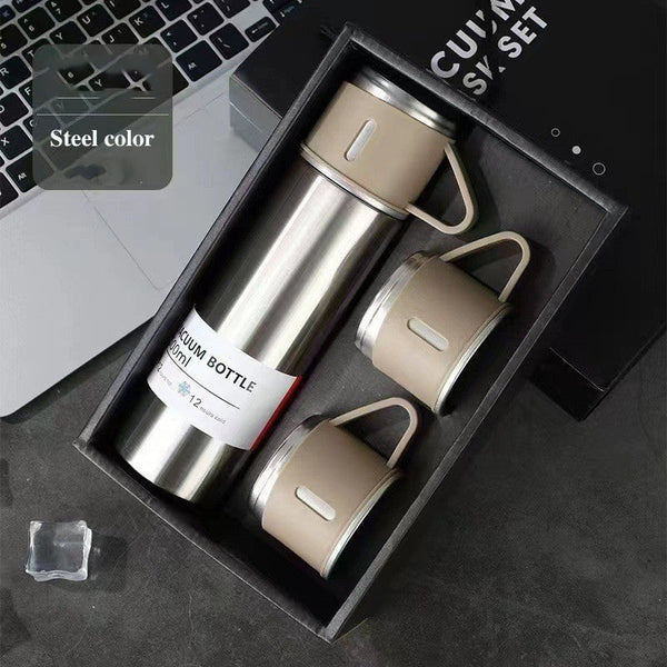 A Cup Of Three Lid Vacuum Flask Portable Fashion Gift Box Set Stainless Steel Water Bottles & Vacuum Flasks