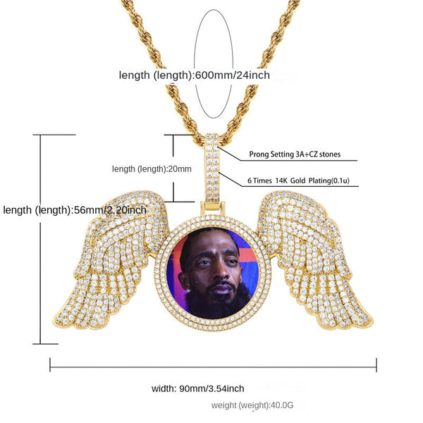 Angel Wings Large Diy Photo Frame Pendant Full Zircon Jewelry Hip Hop Necklace Gold Australia Accessories Necklaces & Pendants