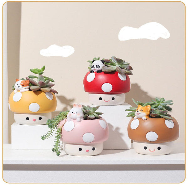 Horticultural Cartoon Creative Fun Mushroom Resin Flower Pot Container Desktop Landscape Potted Utensils Planters & Vases