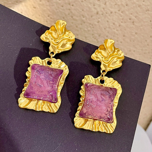 Veile Studios Lava Irregular Purple Square Glazed Crystal Retro Style Earrings