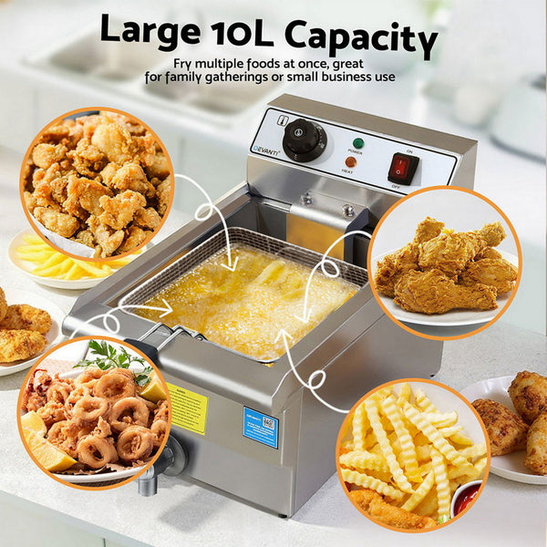 Devanti 3000W Electric Deep Fryer 10L Stainless Steel Fryer W/ Basket & Lid Deep Fryers