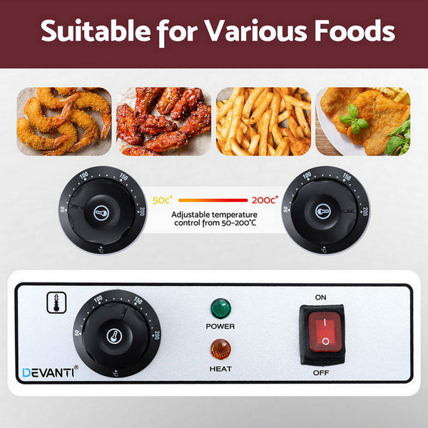 Devanti 3000W Electric Deep Fryer 10L Stainless Steel Fryer W/ Basket & Lid Deep Fryers