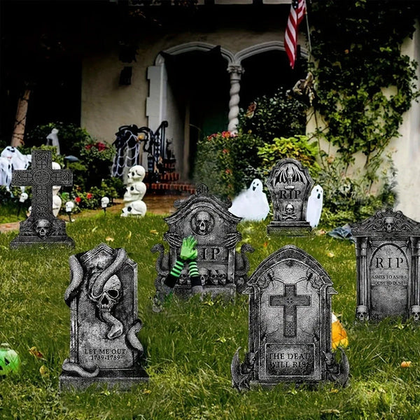 Halloween Outdoor Decor: Cemetery Tombstones Yard Signs With Stakes Realistic Scary Skulls Seasonal Decorations